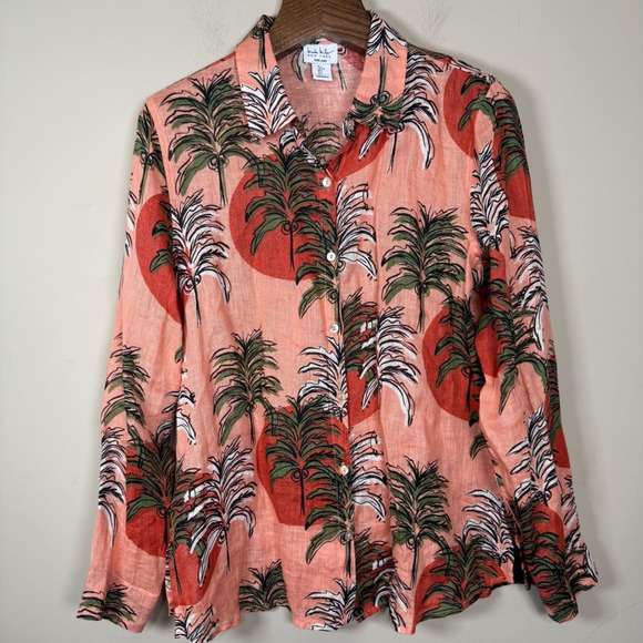 Nicole Miller Tops - Nicole Miller European Grown Flax 100% Linen Palm Tree Button Down Blouse Large